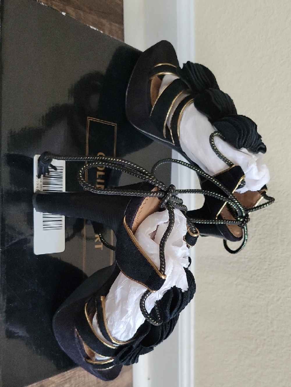 Colin Stuart for Victoria's Secret Black & Gold Heeled Tie-up Shoes - Picture 3 of 9